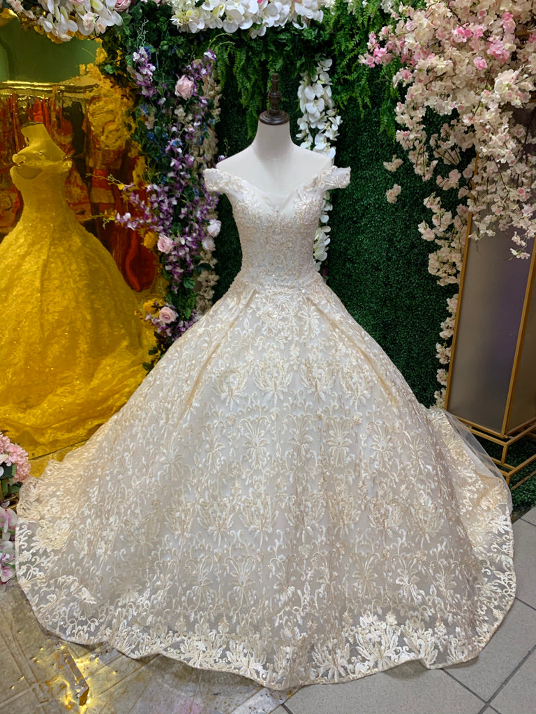 Vestido De Novia Hombros Descubiertos Corte Princesa Con Cola