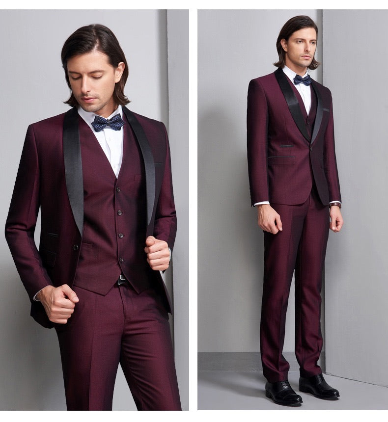 ALQUILER Traje Para Caballeros 3 Piezas Rojo Vino Tuxedo Mi