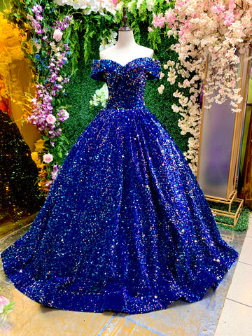 ALQUILER | Vestido Para Quinceañeras Hombros Descubiertos Corte Princesa De Lentejuelas Azul