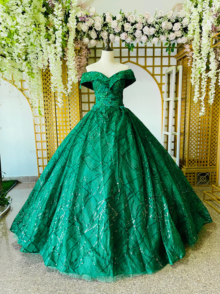 ALQUILER | Vestido Para Quinceañeras Hombros Descubiertos Corte Princesa Verde Esmeralda