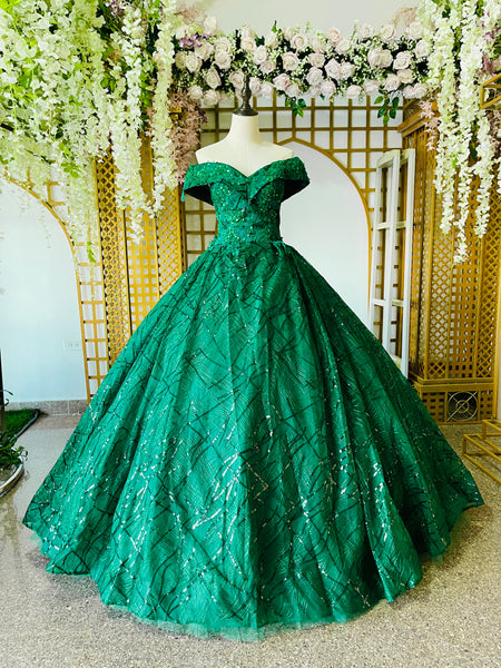 VENTA | Vestido Para Quinceañeras Hombros Descubiertos Corte Princesa Verde Esmeralda