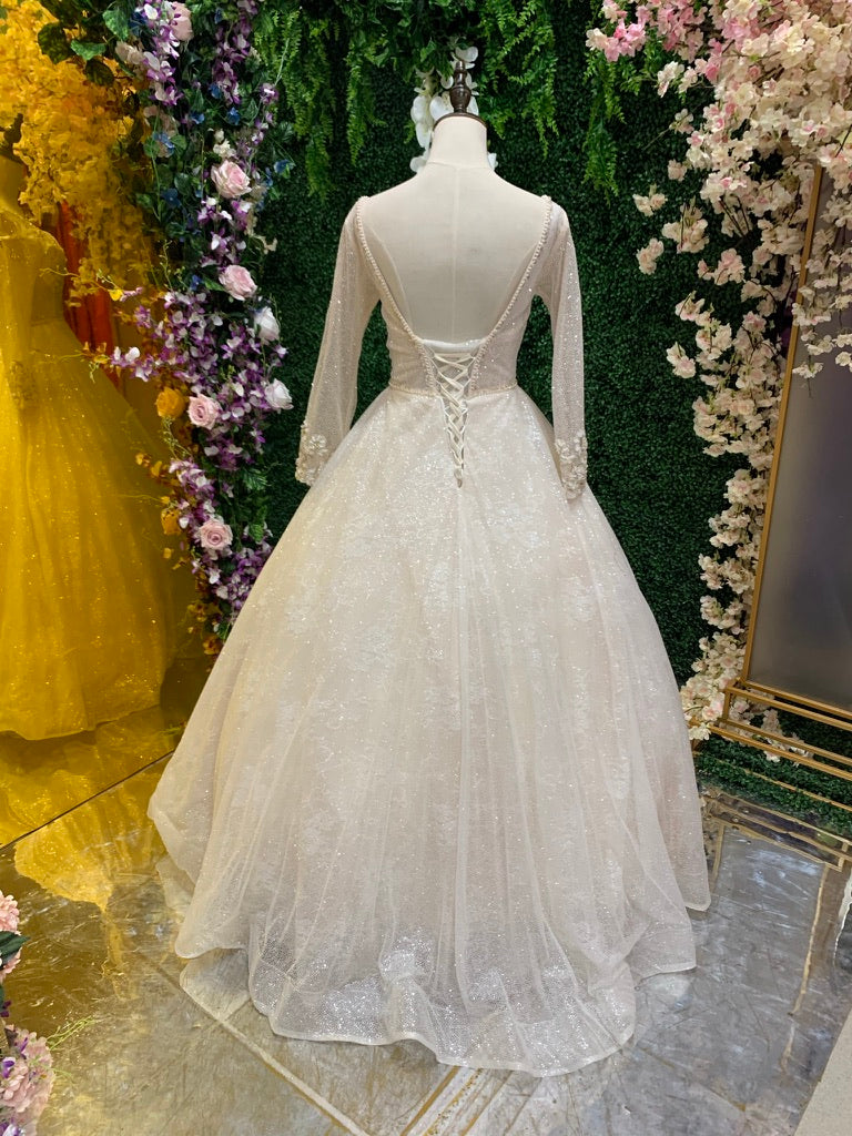Vestido De Novia Manga Larga Escote V Con Encaje Blanco
