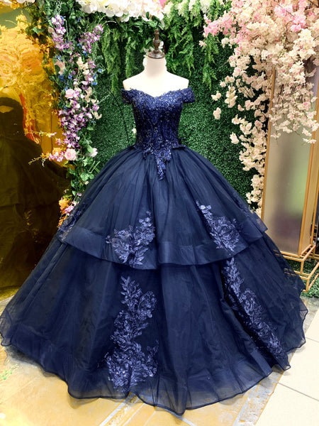 VENTA | Vestido Para Quinceañeras Hombros descubiertos Corte Princesa Azul Navy