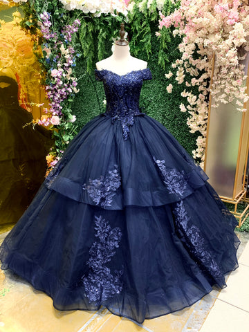 ALQUILER | Vestido Para Quinceañeras Hombros descubiertos Corte Princesa Azul Navy