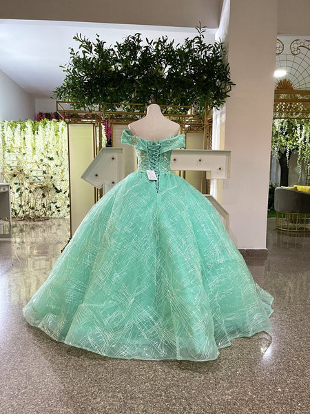 ALQUILER | Vestido Para Quinceañeras Hombros Descubiertos Estilo Princeso Verde Aqua