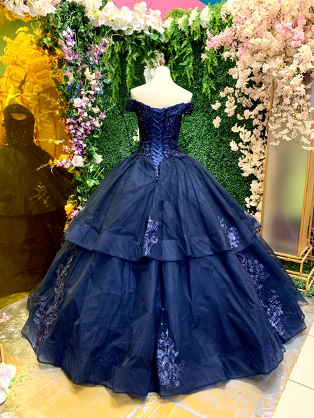 ALQUILER | Vestido Para Quinceañeras Hombros descubiertos Corte Princesa Azul Navy