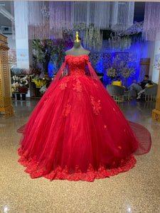 Alquiler | Vestido Para Quinceañeras Hombros Descubiertos Corte Princesa Rojo Vestido Con Cola- Mi Boutique Panamá