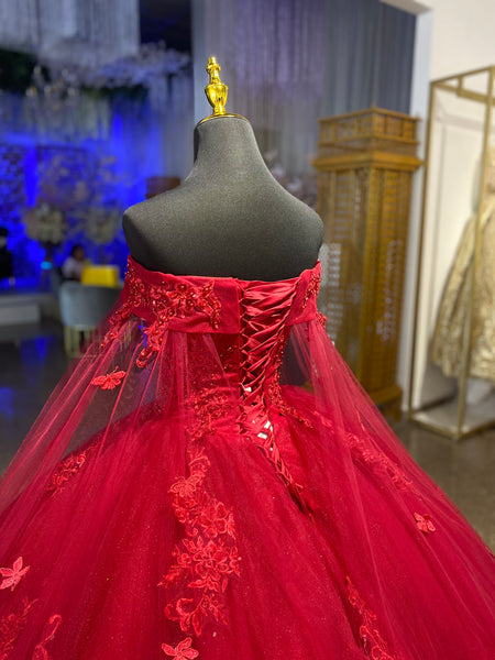 Alquiler | Vestido Para Quinceañeras Hombros Descubiertos Corte Princesa Rojo Vestido Con Cola- Mi Boutique Panamá