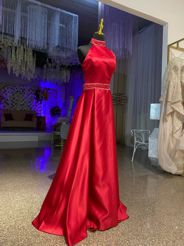 Vestido De Fiesta Escote Halter Siliueta Sirena Descubierto en La Espalda