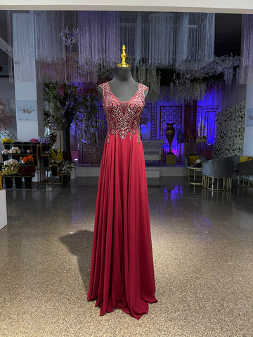 Vestido De Fiesta Escote V Con Perlas Falda Imperio Espalda Semi-Descubierta