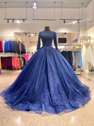 Vestido Para Quinceañeras Con Mangas Vestido Color Azul- Mi Boutique Panamá