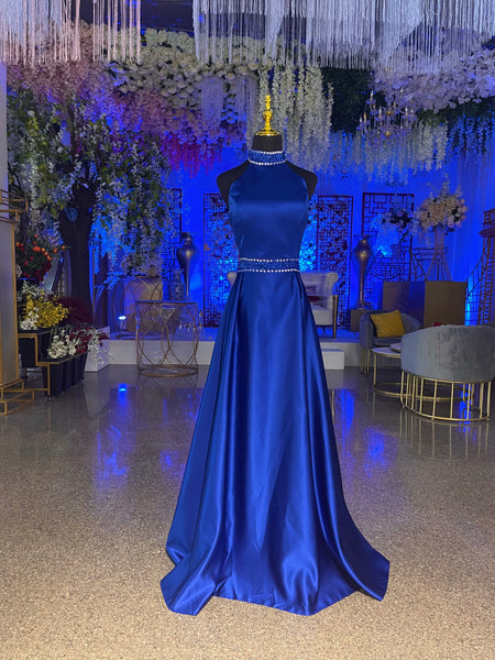 Vestido De Fiesta Escote Halter Espalda Descubierta Azul