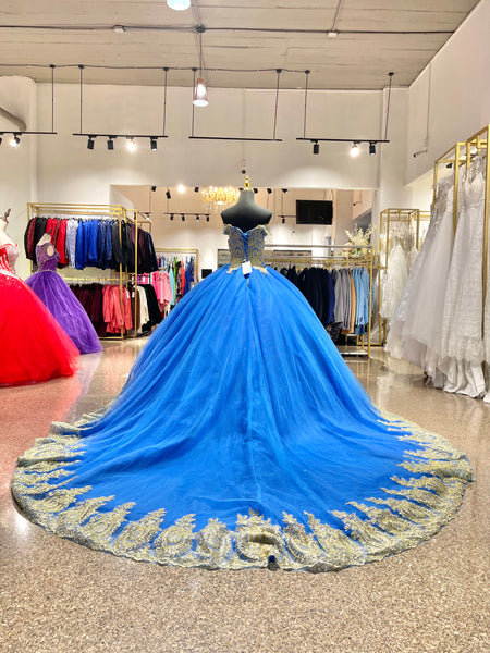Vestido Para Quinceañeras Hombros Descubiertos Corte Princesa Azul Vestido Con Cola- Mi Boutique Panamá