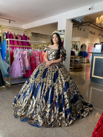 Alquiler| Vestido Para Quinceañeras Hombros Descubiertos Corte Princesa Azul Gold