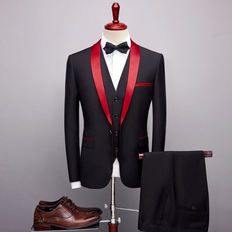 ALQUILER | Traje Para Caballeros 3 Piezas Negro Con Solapa Roja | Tuxedo