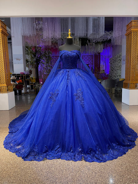 VENTA | Vestido Para Quinceañeras Hombros Descubiertos Corte Princesa Azul Vestido Con Cola- Mi Boutique Panamá